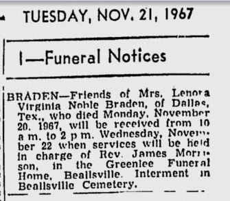 Lenora Braden obit